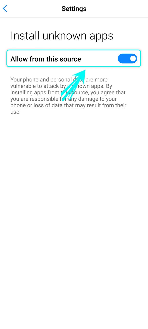 Adjust settings for Olympia App for Android to enable unknown sources.