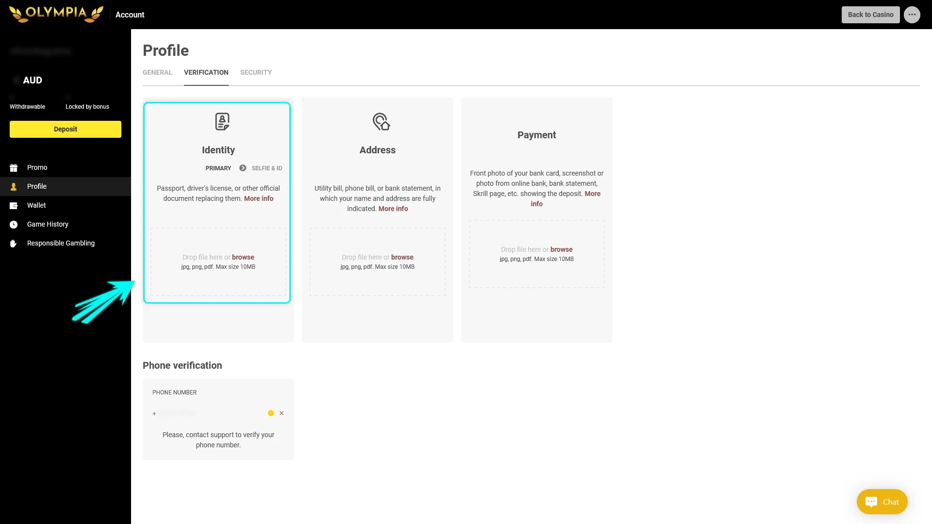 Upload your identity documents to the Olympia website for account verification.
