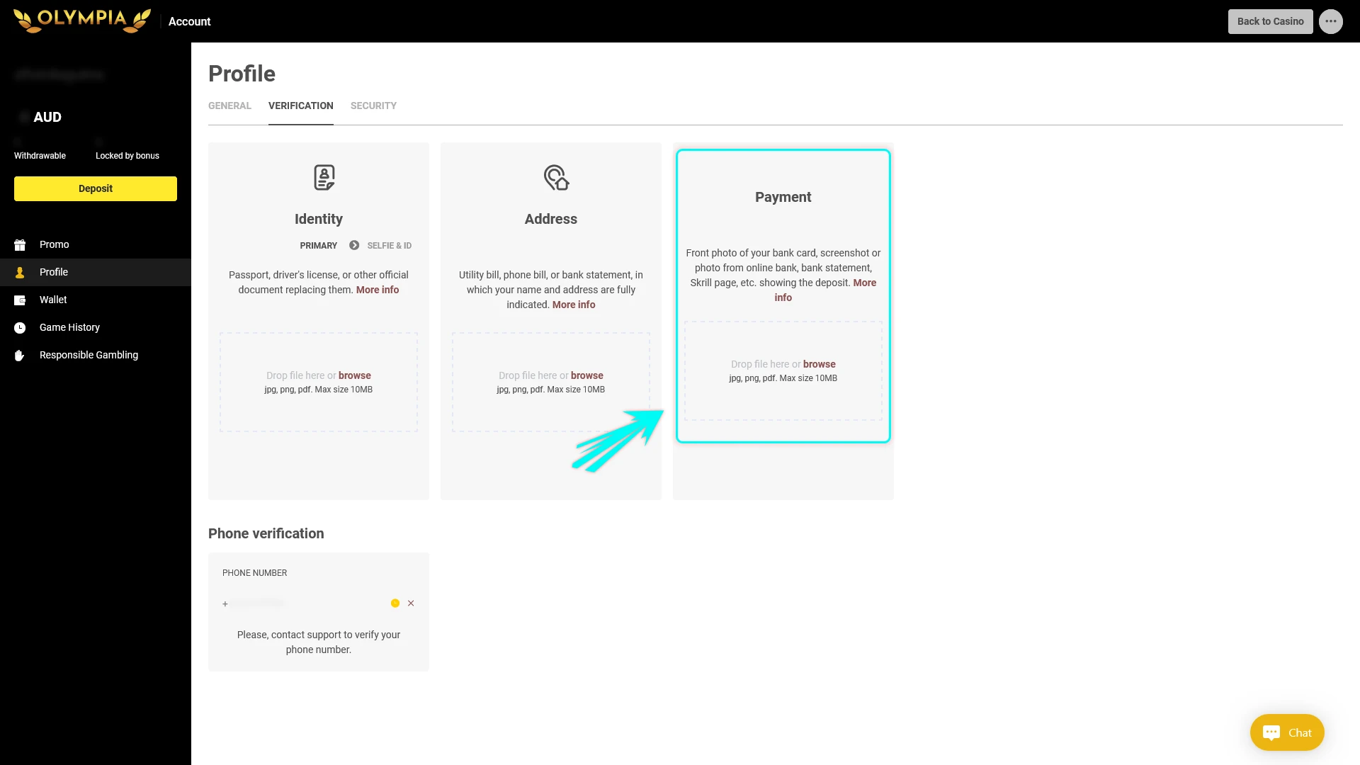 Confirm your chosen payment method in the Olympia profile for verification.