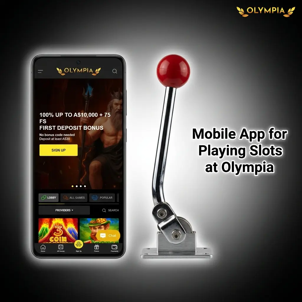 Olympia Casino mobile app interface showing slot games, navigation menu, and account management on a touchscreen device