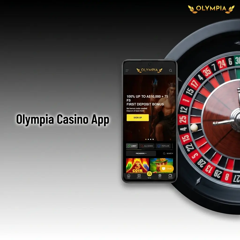 Olympia Casino app interface showing pokies, live dealer games, blackjack and roulette from top developers on mobile
