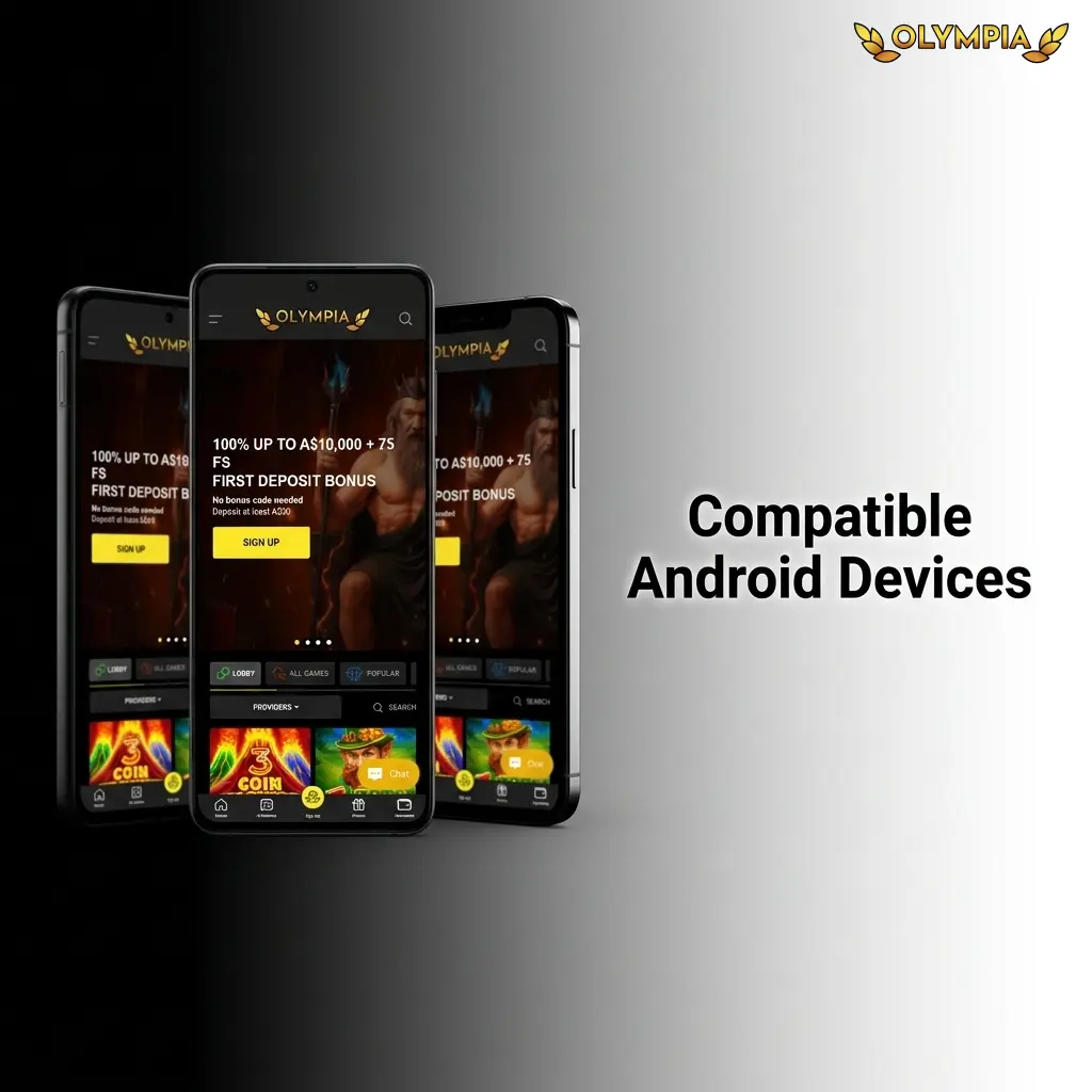 Compatible Android devices for the Olympia app including Samsung, Google Pixel, OnePlus, Oppo, Xiaomi, Sony, and Motorola models