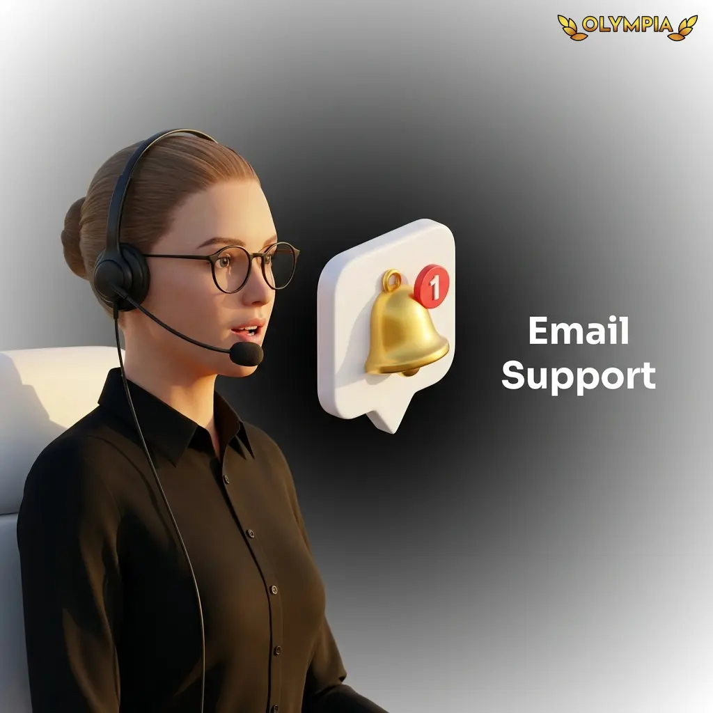 Olympia customer support email interface for account queries, disputes, and document submission with 24–48 hour response time