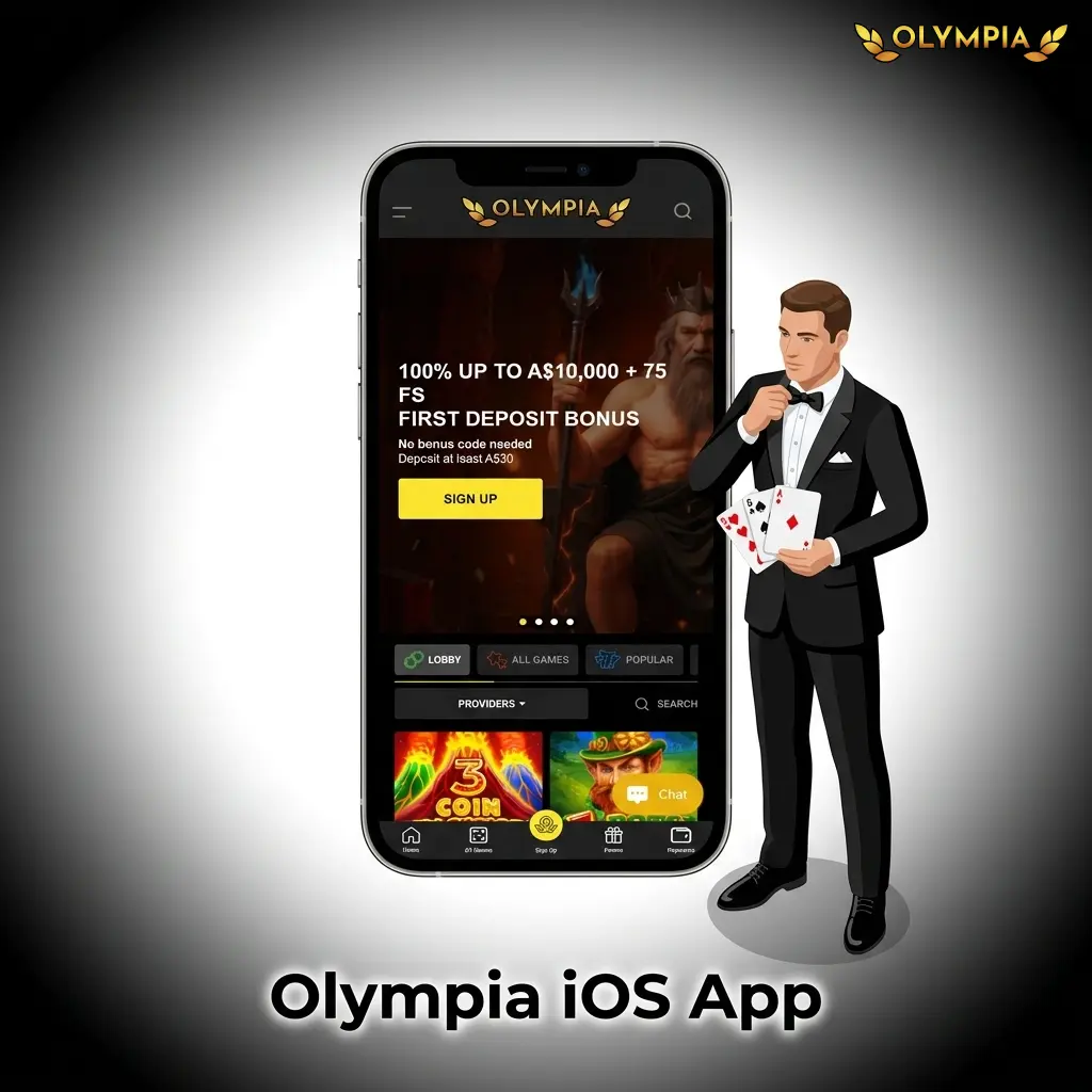Olympia iOS app for iPhone and iPad showing sports betting, live casino, pokies and account management features