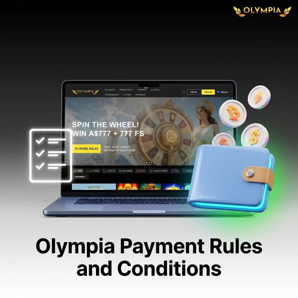 Olympia Casino payment rules covering KYC, same-method withdrawals, AUD currency, and transaction limits for Australian players