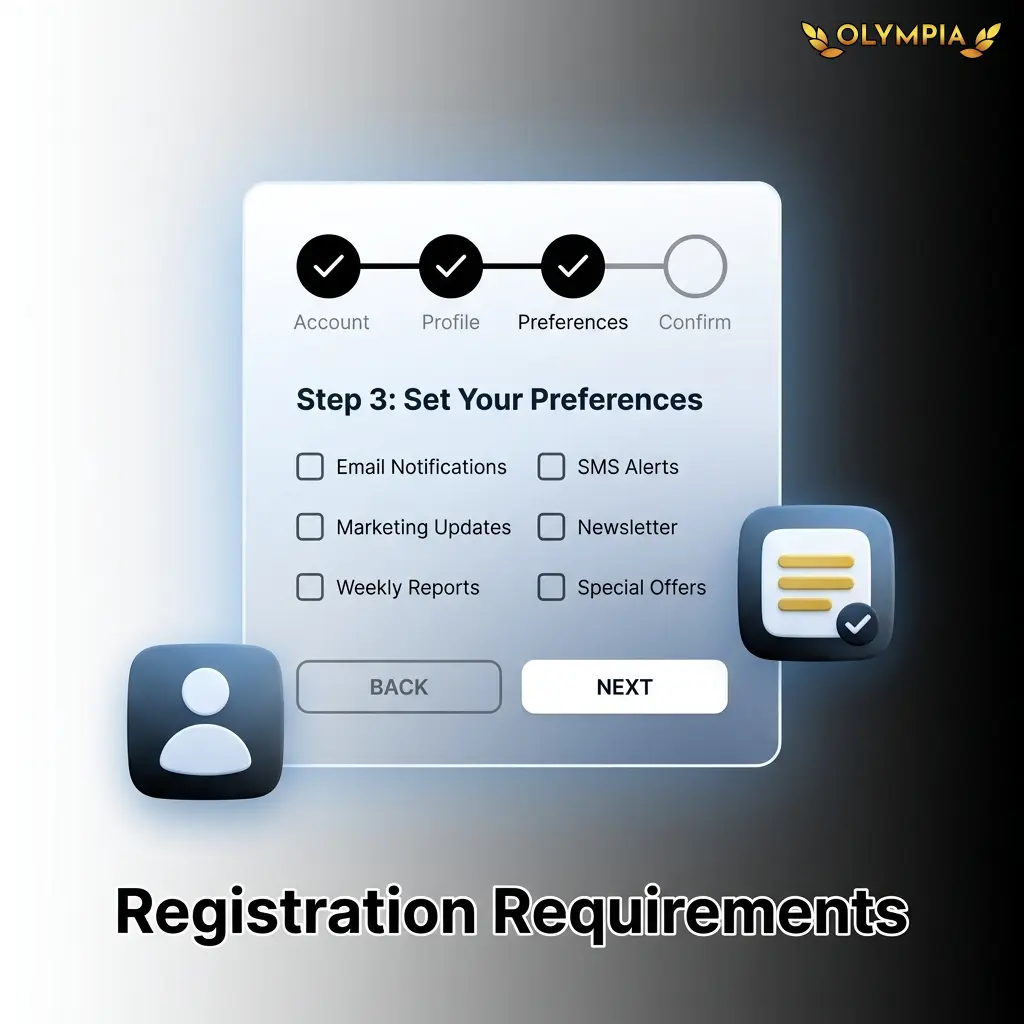 Olympia Casino registration requirements checklist showing age, residency, ID and account eligibility criteria for Australian players