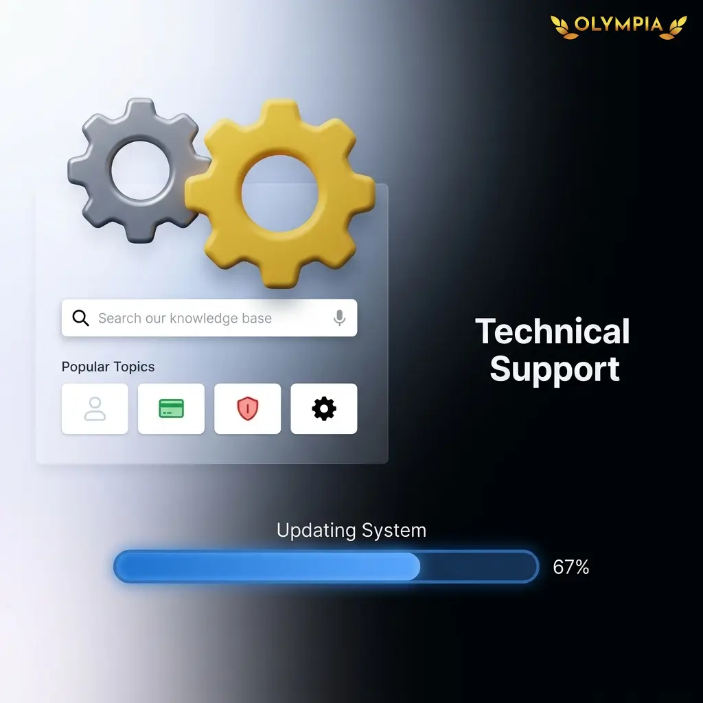 Olympia technical support team assisting users with login, app, payment, and platform issues via chat, email, or phone