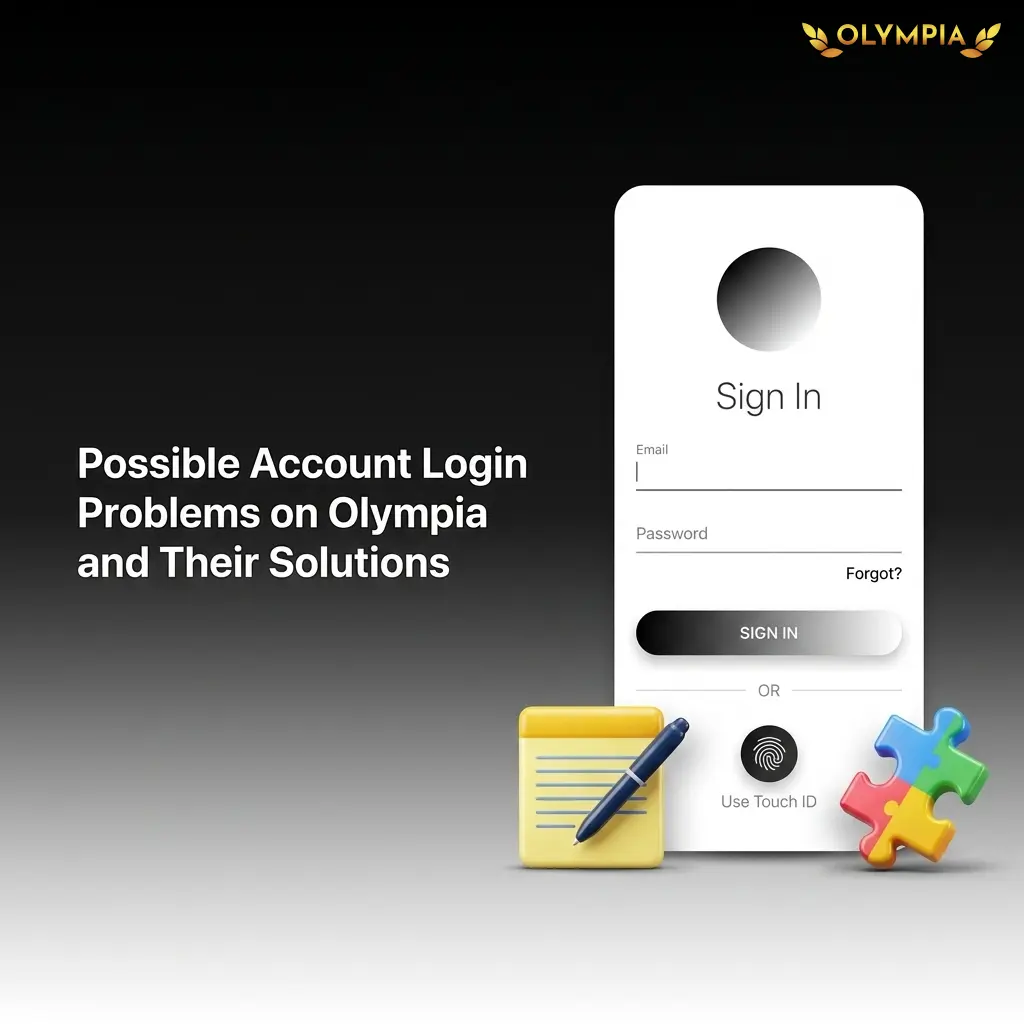 Olympia account login problems and solutions table covering password reset, verification, lockouts, 2FA, and site access