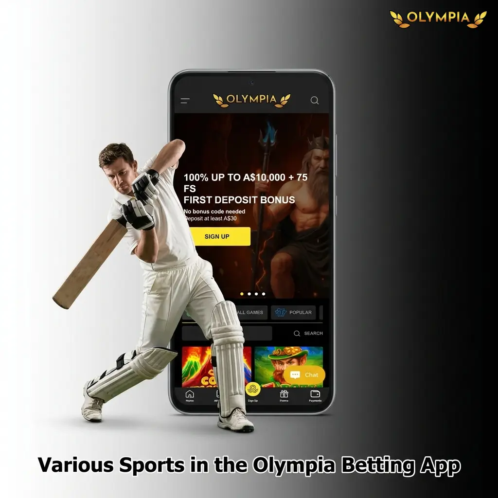 Olympia betting app sports menu showing football, cricket, basketball, tennis, racing, eSports and more available for wagering
